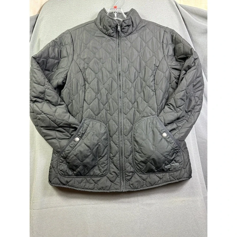 Eddie Bauer Women Black Diamond Quilted Full Zip Jacket Coat Mock Neck Pockets L